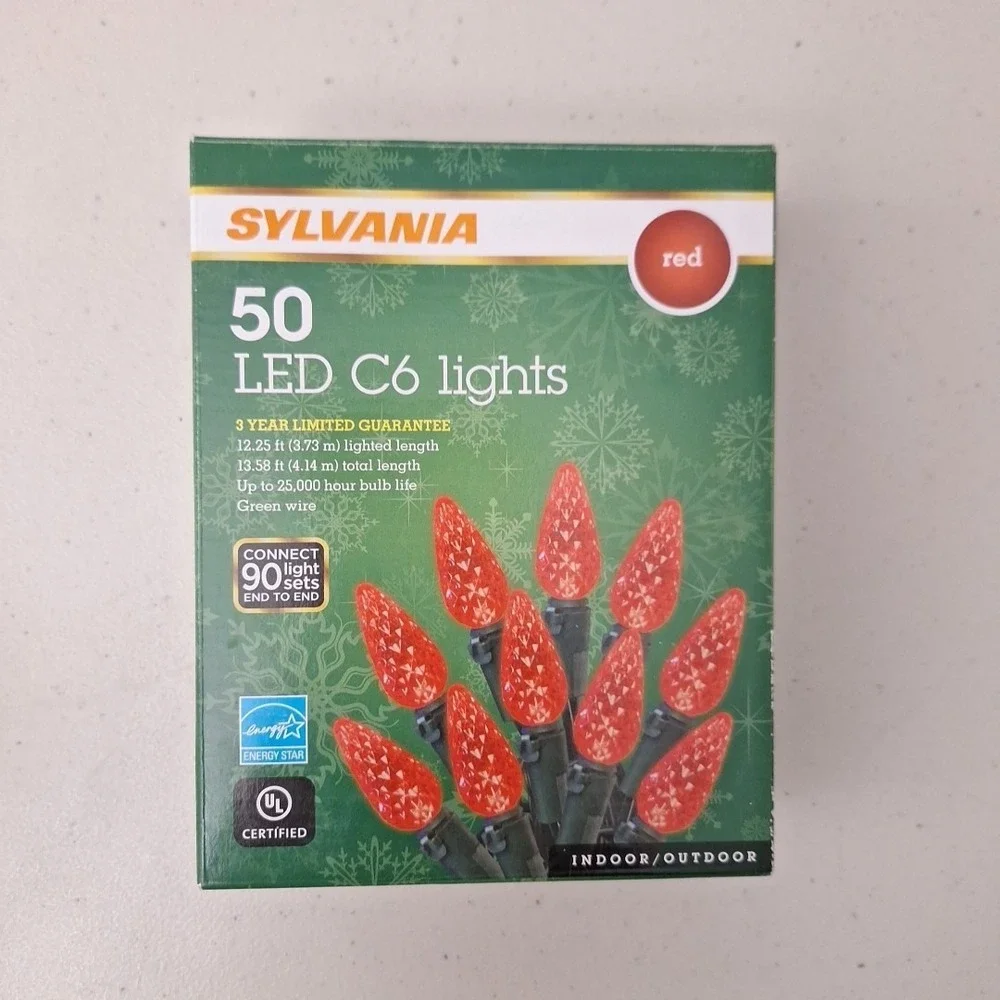 Sylvania 50 Red LED Lights C6 Steady Lit Indoor/Outdoor NEW